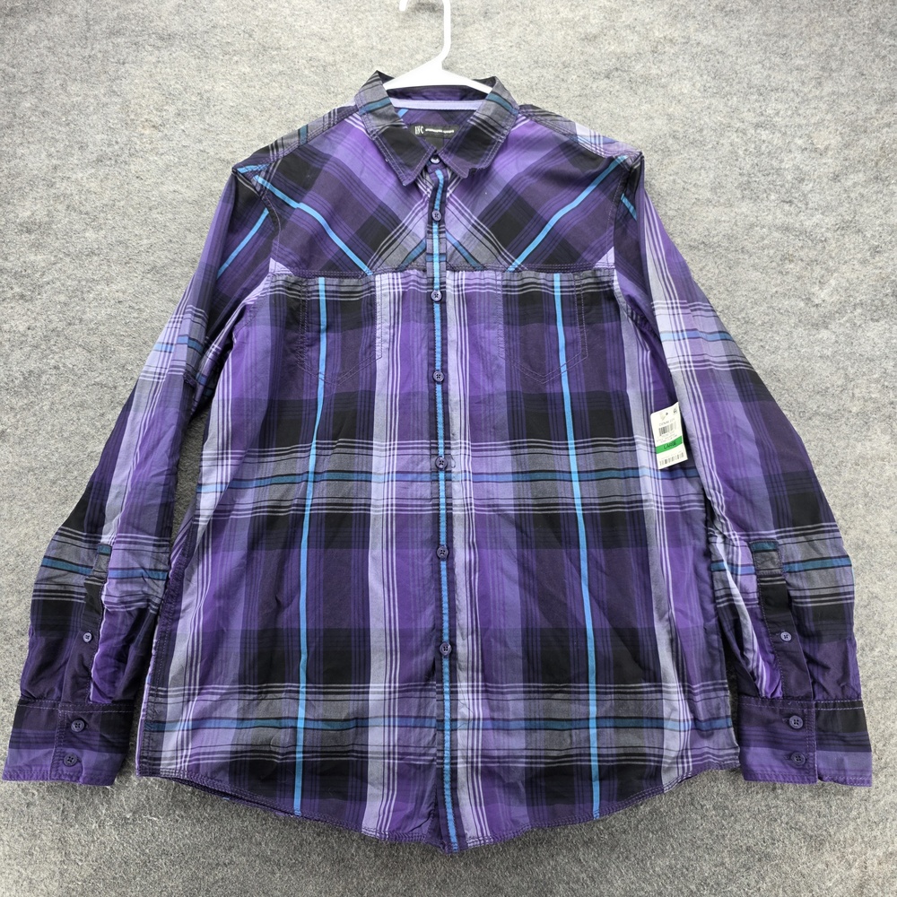 INC International Concepts Shirt Mens Large Plaid Western Pearl Snap Denim EDV